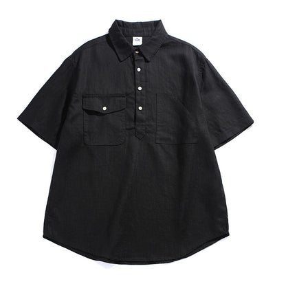 Retro Workwear Polo Shirt  Multi-Pocket Loose Fit Casual Short Sleeve Shirt