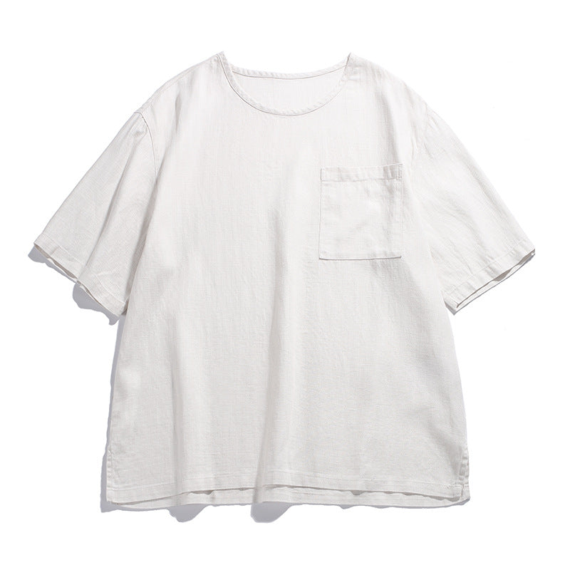 Solid Color Patch Pocket Loose Round Neck Short Sleeve Men's T-Shirt