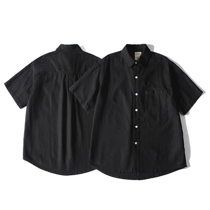 Men's Wide-Fit Short-Sleeve Striped Shirt with Lapel Collar