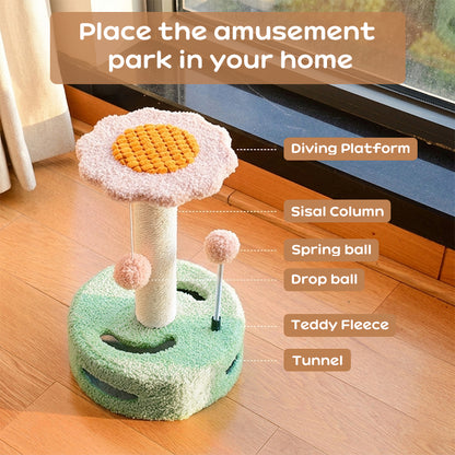 Sunflower Cat Tree – Small Cat Climbing Tower with Scratch Posts & Ball Toy