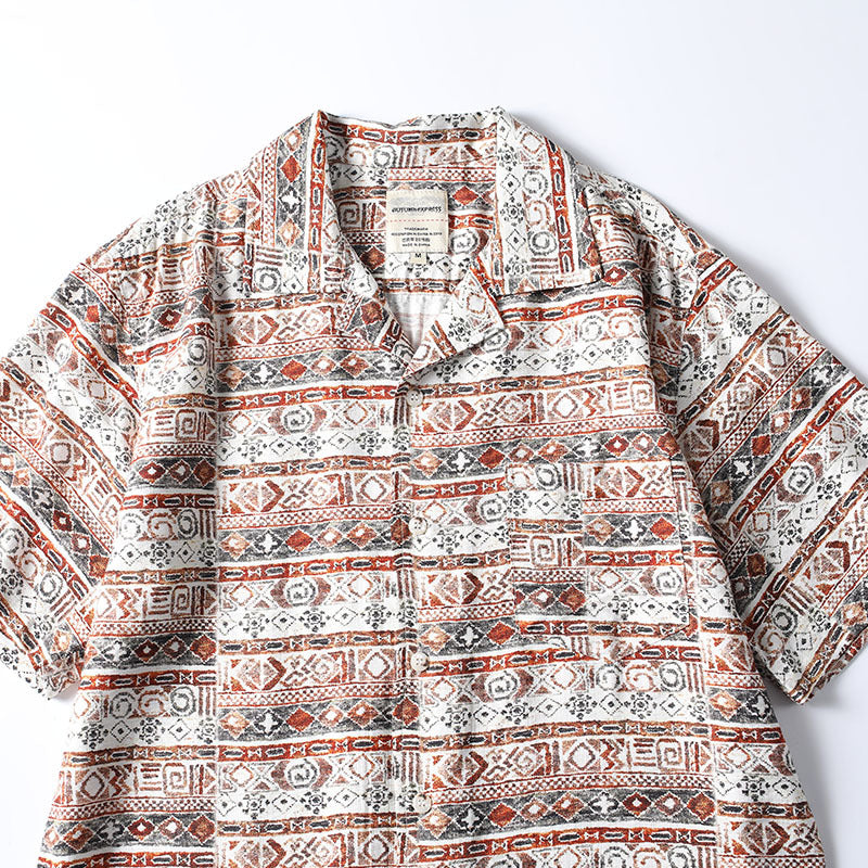 Hawaiian Print Short Sleeve Cuban Collar Loose Fit Casual Shirt