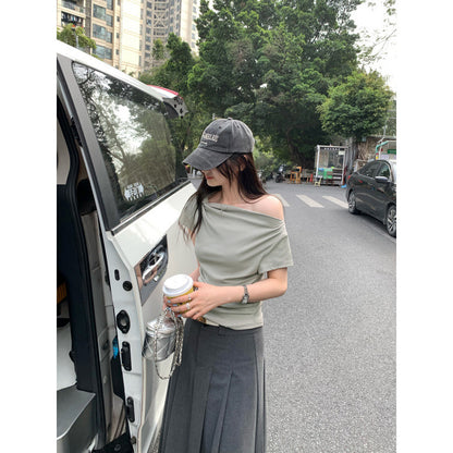 Off-Shoulder Sleeveless Fitted T-Shirt with Ruched Waist and Short Sleeves