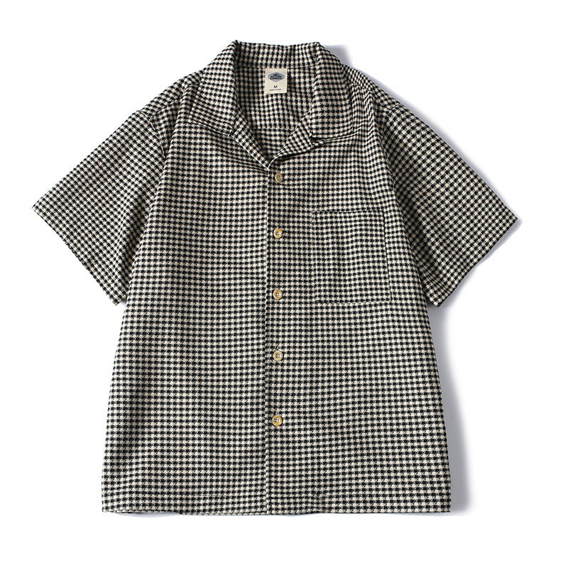 Loose Fit Men's Short Sleeve Shirt with Houndstooth Pattern and Cuban Collar