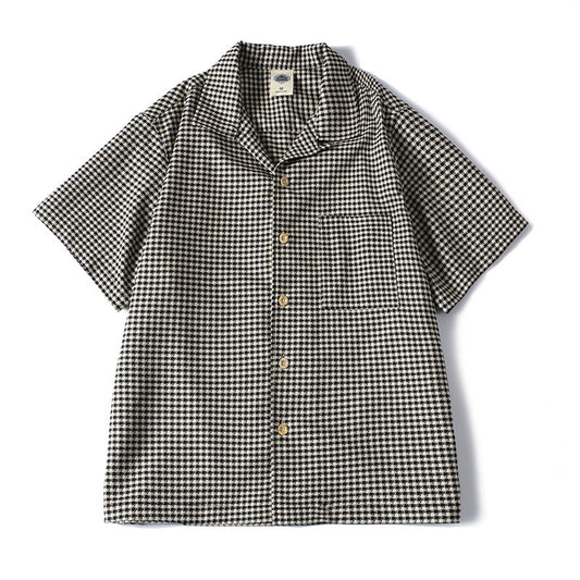Loose Fit Men's Short Sleeve Shirt with Houndstooth Pattern and Cuban Collar