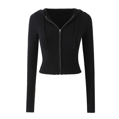 Elastic slim fit drawstring hooded zipper top