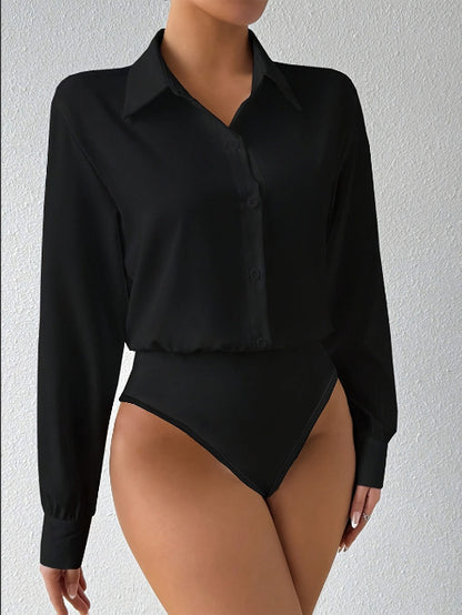 Casual Solid Color Long Sleeve Loose Shirt One-Piece Swimwear for Women