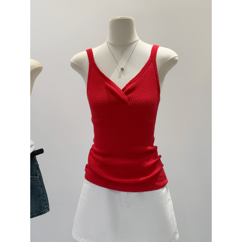 V-neck Red Inner Crop Top with Unique