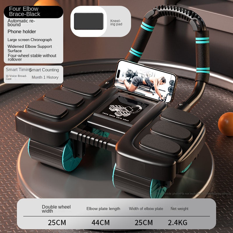 auto-return ab roller for home workout featuring smartphone holder and four elbow support in sleek black design.