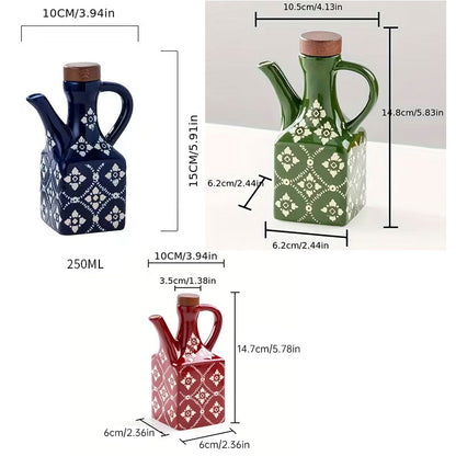 Ceramic Oil & Vinegar Cruet Set with Cork Stoppers – Kitchen Seasoning Bottles