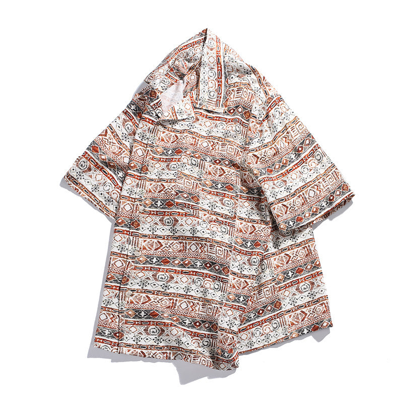 Hawaiian Print Short Sleeve Cuban Collar Loose Fit Casual Shirt