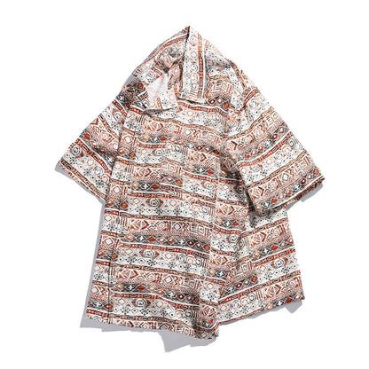 Hawaiian Print Short Sleeve Cuban Collar Loose Fit Casual Shirt