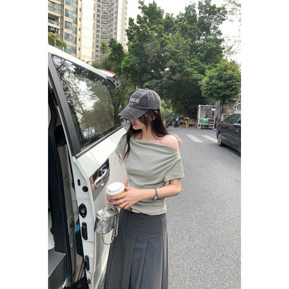 Off-Shoulder Sleeveless Fitted T-Shirt with Ruched Waist and Short Sleeves