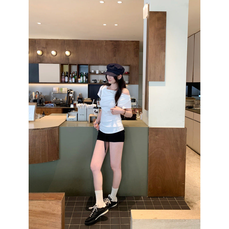 Off-Shoulder Sleeveless Fitted T-Shirt with Ruched Waist and Short Sleeves