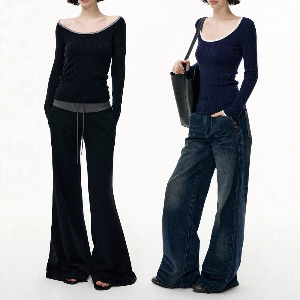 Silk-Cotton and Wool Blend Crew Neck Long Sleeve Sweater Slim Fit Knitted Top for Women