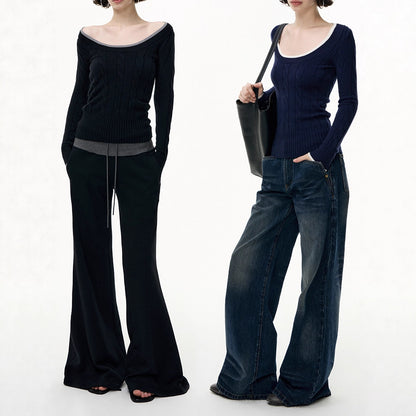 Silk-Cotton and Wool Blend Crew Neck Long Sleeve Sweater Slim Fit Knitted Top for Women