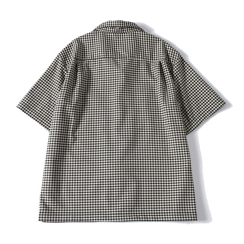 Loose Fit Men's Short Sleeve Shirt with Houndstooth Pattern and Cuban Collar