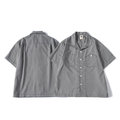 Houndstooth Pattern Short Sleeve Cuban Collar Drapey Casual Shirt
