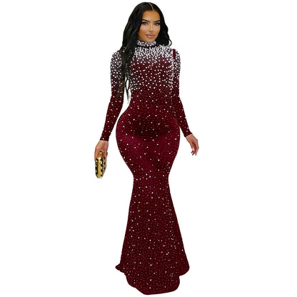 Elegant High Neck Rhinestone Beaded Bodycon Dress for Women Fashion