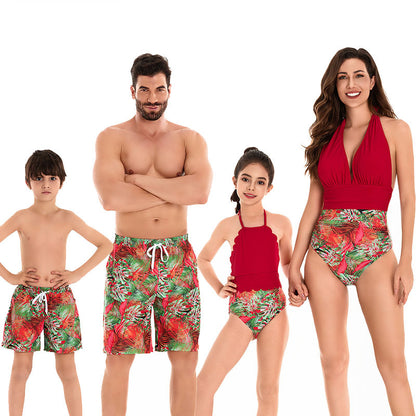Family Matching Swimwear Set for Parents and Kids, New Style Bikini for Mom and Daughter, Swim Trunks for Dad and Son, Elastic Waist Swimming Suits for Brothers and Sisters