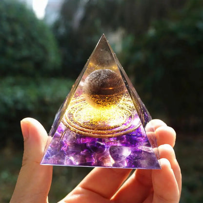 Handmade 60mm Orgonite Pyramid: Smoky Crystal Sphere & Amethyst