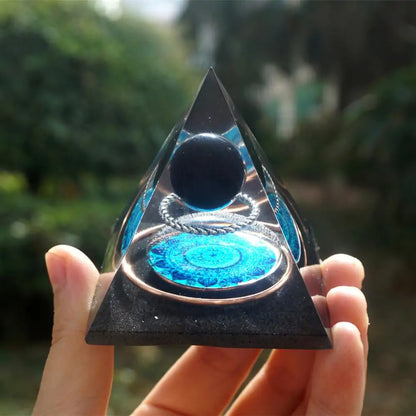 Handmade Orgonite Pyramid 60mm: Obsidian Crystal Sphere with Energy Copper Circle