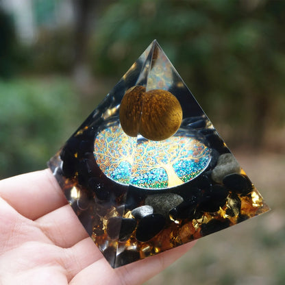 Handmade 60mm Tiger Eye & Obsidian Orgonite Pyramid: Reiki Healing & Chakra Meditation